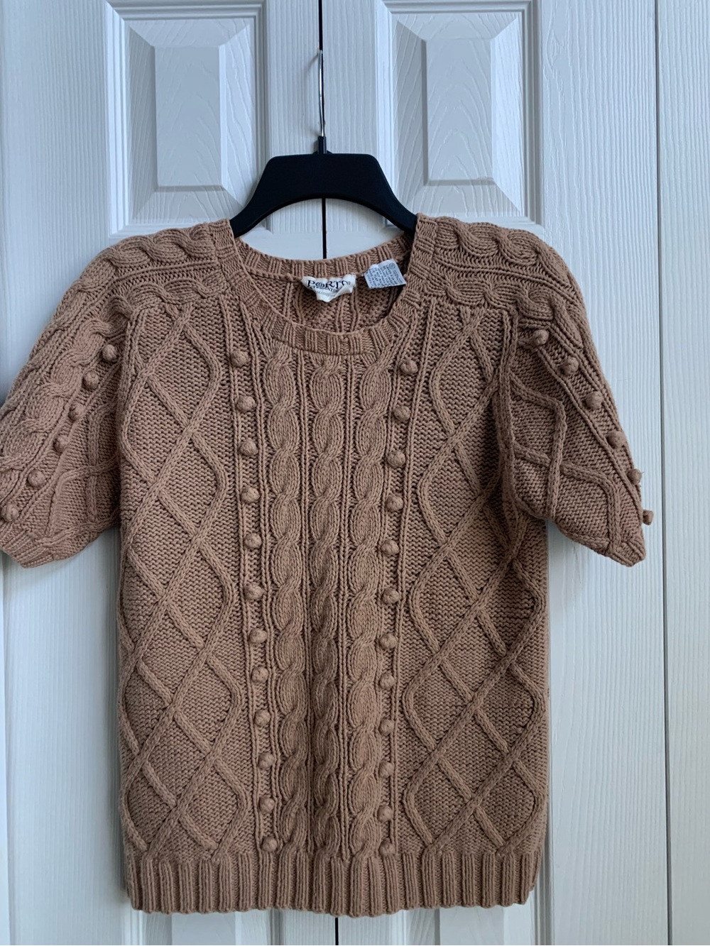 Vintage Ports International Cable-Knit Short Sleeve Sweater - Camel SZ S